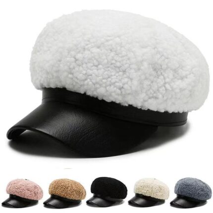 Béret octogonal à bords en cuir de cachemire